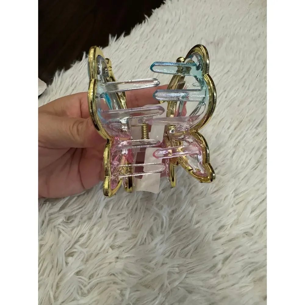 Large Pink and blue clear butterfly hair clip claw with gold trim
